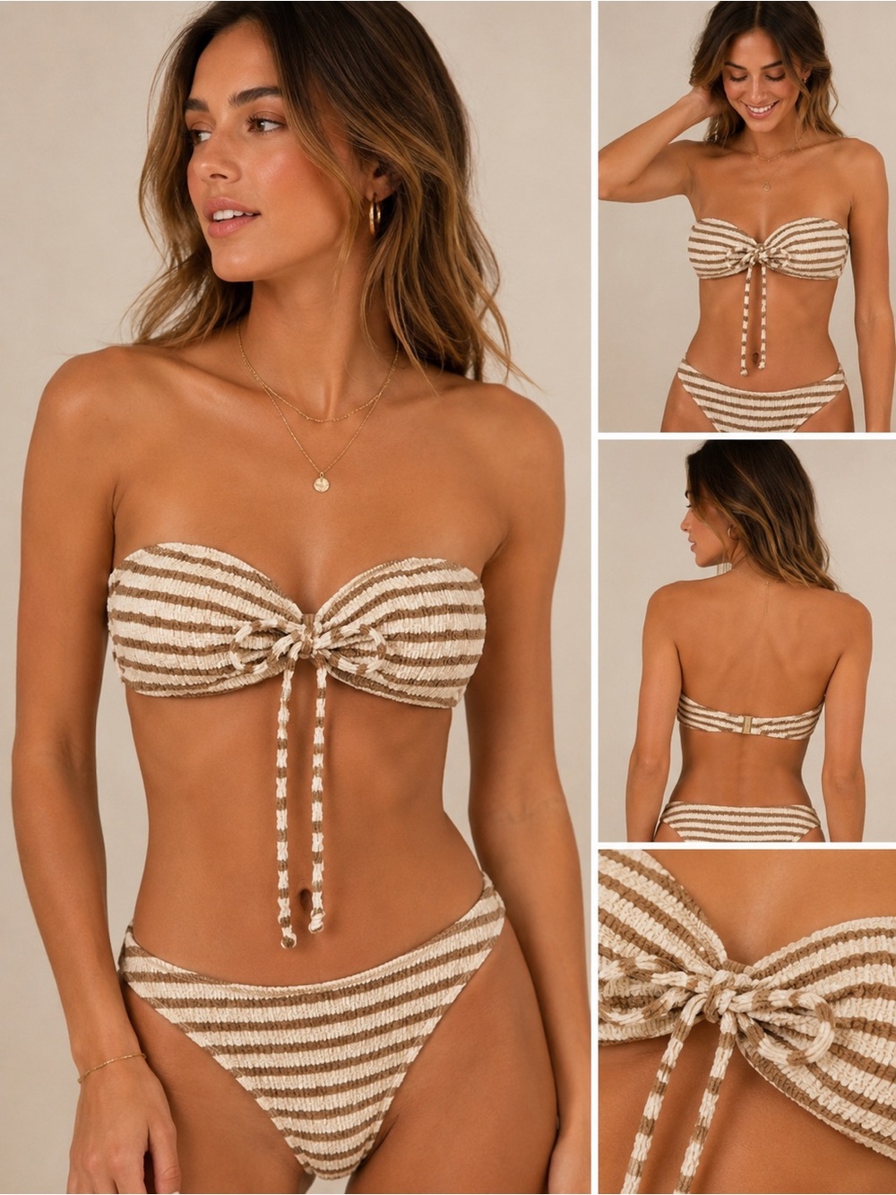 NEW CCB Vintage Euro Striped Brown & Beige Tie-Front Bandeau High Waist Bikini